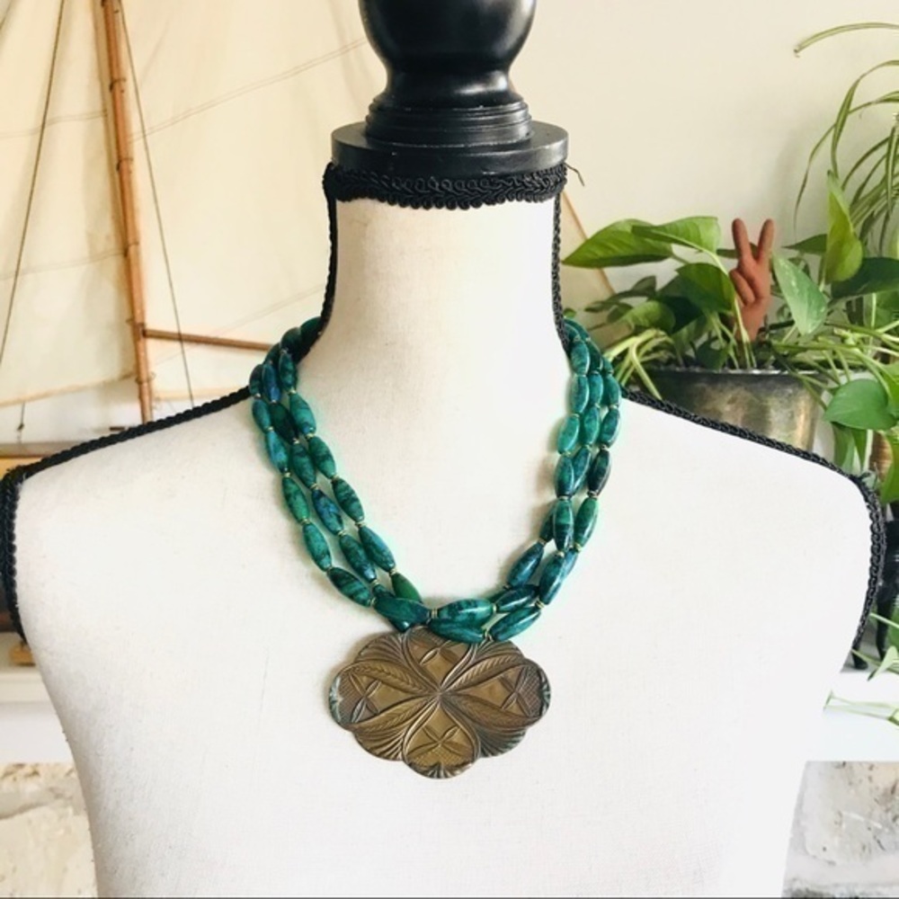 One of a kind Vintage Jeri-Lou brass and stone bead statement necklace